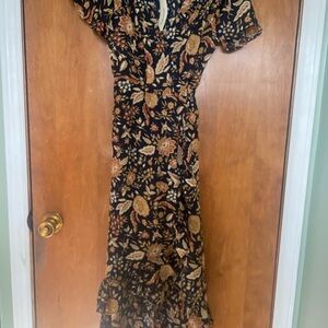 Floral Black and Tan V-Neck Wrap  Boutique Dress